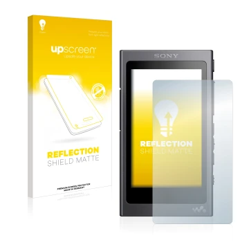 Parte frontal de un envase de producto con el logotipo de la marca upscreen. Al lado se muestra el dispositivo Sony Walkman A4