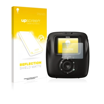 Parte frontal de un envase de producto con el logotipo de la marca upscreen. Al lado se muestra el dispositivo Fujifilm Instax