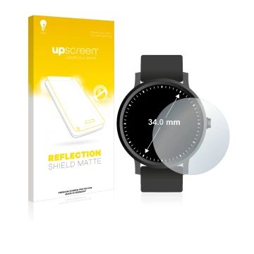 Parte frontal de un envase de producto con el logotipo de la marca upscreen. Al lado se muestra el dispositivo Circular Displa