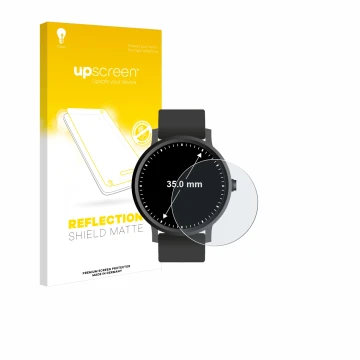 Parte frontal de un envase de producto con el logotipo de la marca upscreen. Al lado se muestra el dispositivo Circular Displa