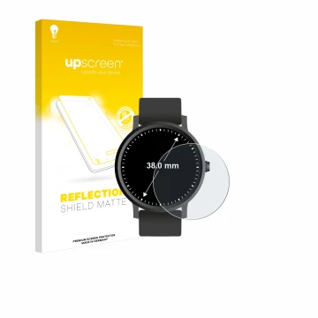 Parte frontal de un envase de producto con el logotipo de la marca upscreen. Al lado se muestra el dispositivo Circular Displa