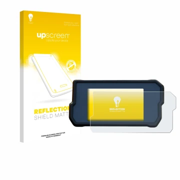 Parte frontal de un envase de producto con el logotipo de la marca upscreen. Al lado se muestra el dispositivo KTM 390 Duke 20