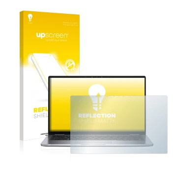 Parte frontal de un envase de producto con el logotipo de la marca upscreen. Al lado se muestra el dispositivo Dell Latitude 7