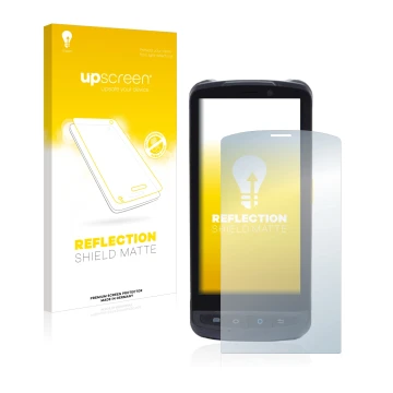 Parte frontal de un envase de producto con el logotipo de la marca upscreen. Al lado se muestra el dispositivo Newland MT90 Or