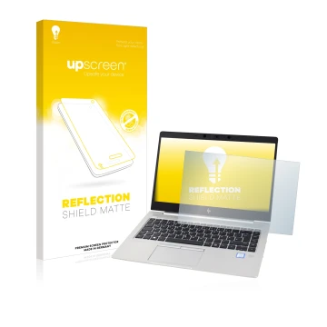 Parte frontal de un envase de producto con el logotipo de la marca upscreen. Al lado se muestra el dispositivo HP EliteBook 83