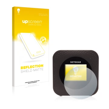 Parte frontal de un envase de producto con el logotipo de la marca upscreen. Al lado se muestra el dispositivo Netgear Nightha