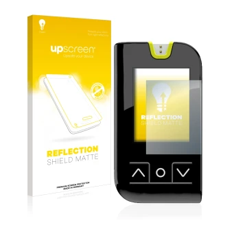 Parte frontal de un envase de producto con el logotipo de la marca upscreen. Al lado se muestra el dispositivo Mylife Unio Nev