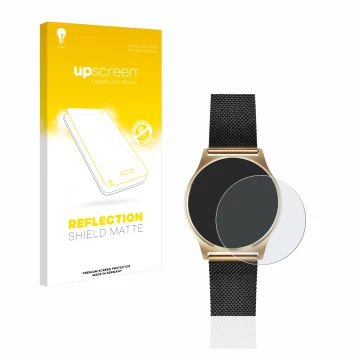 Parte frontal de un envase de producto con el logotipo de la marca upscreen. Al lado se muestra el dispositivo Xlyne X-Watch J