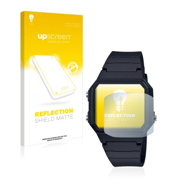 Parte frontal de un envase de producto con el logotipo de la marca upscreen. Al lado se muestra el dispositivo Casio Unisex A1