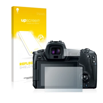Parte frontal de un envase de producto con el logotipo de la marca upscreen. Al lado se muestra el dispositivo Canon EOS R con