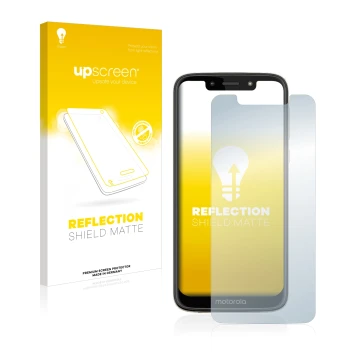 Parte frontal de un envase de producto con el logotipo de la marca upscreen. Al lado se muestra el dispositivo Motorola Moto G