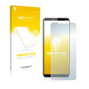 Parte frontal de un envase de producto con el logotipo de la marca upscreen. Al lado se muestra el dispositivo Cubot X19 con s