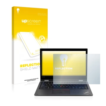Parte frontal de un envase de producto con el logotipo de la marca upscreen. Al lado se muestra el dispositivo Lenovo ThinkPad