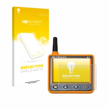 Parte frontal de un envase de producto con el logotipo de la marca upscreen. Al lado se muestra el dispositivo Skytraxx 2.1 Va