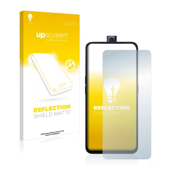 Parte frontal de un envase de producto con el logotipo de la marca upscreen. Al lado se muestra el dispositivo Oppo F11 Pro co