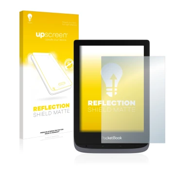 Parte frontal de un envase de producto con el logotipo de la marca upscreen. Al lado se muestra el dispositivo PocketBook Touc