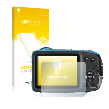 Parte frontal de un envase de producto con el logotipo de la marca upscreen. Al lado se muestra el dispositivo Fujifilm FinePi