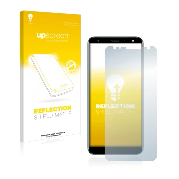 Parte frontal de un envase de producto con el logotipo de la marca upscreen. Al lado se muestra el dispositivo LG K40 con su p