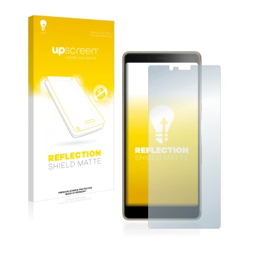 Parte frontal de un envase de producto con el logotipo de la marca upscreen. Al lado se muestra el dispositivo Sony Xperia L3 