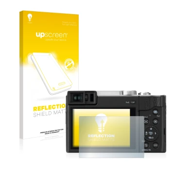 Parte frontal de un envase de producto con el logotipo de la marca upscreen. Al lado se muestra el dispositivo Panasonic Lumix