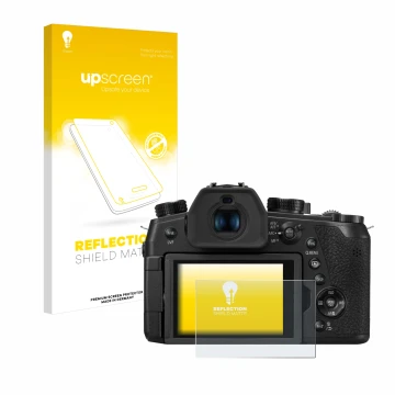 Parte frontal de un envase de producto con el logotipo de la marca upscreen. Al lado se muestra el dispositivo Panasonic Lumix