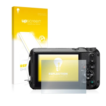 Parte frontal de un envase de producto con el logotipo de la marca upscreen. Al lado se muestra el dispositivo Ricoh WG-6 con 