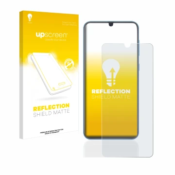 Parte frontal de un envase de producto con el logotipo de la marca upscreen. Al lado se muestra el dispositivo Samsung Galaxy 