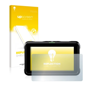 Parte frontal de un envase de producto con el logotipo de la marca upscreen. Al lado se muestra el dispositivo Atomos Shinobi 