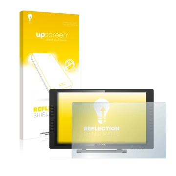 Parte frontal de un envase de producto con el logotipo de la marca upscreen. Al lado se muestra el dispositivo XP-Pen Artist 2