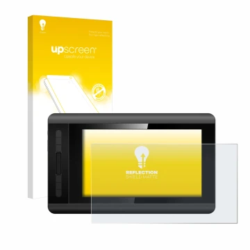 Parte frontal de un envase de producto con el logotipo de la marca upscreen. Al lado se muestra el dispositivo XP-Pen Artist 1