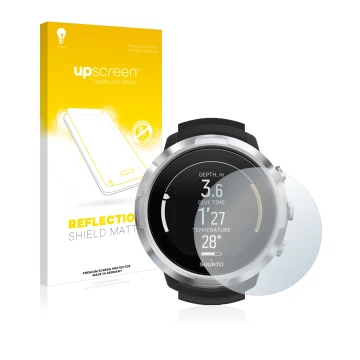 Parte frontal de un envase de producto con el logotipo de la marca upscreen. Al lado se muestra el dispositivo Suunto D6 Suppo