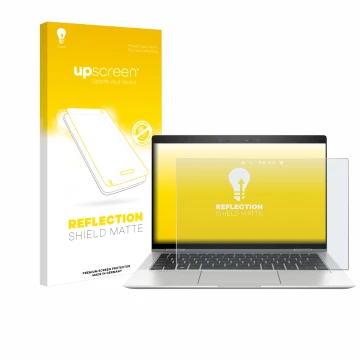 Parte frontal de un envase de producto con el logotipo de la marca upscreen. Al lado se muestra el dispositivo HP EliteBook x3