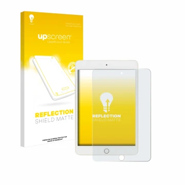 Parte frontal de un envase de producto con el logotipo de la marca upscreen. Al lado se muestra el dispositivo Apple iPad Mini