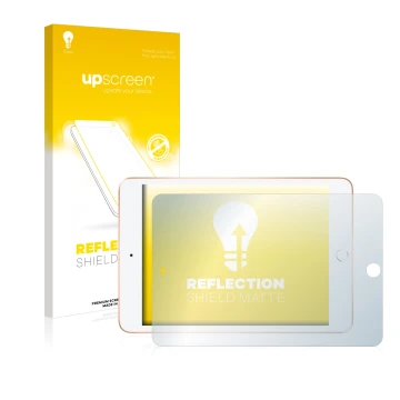 Parte frontal de un envase de producto con el logotipo de la marca upscreen. Al lado se muestra el dispositivo Apple iPad Mini