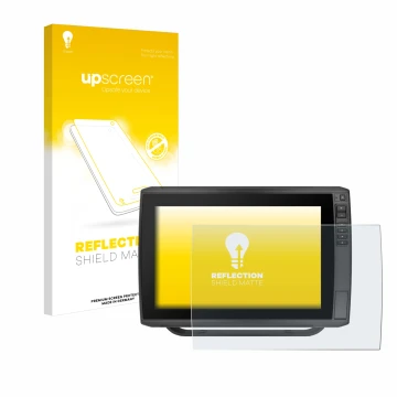 Parte frontal de un envase de producto con el logotipo de la marca upscreen. Al lado se muestra el dispositivo Garmin ECHOMAP 