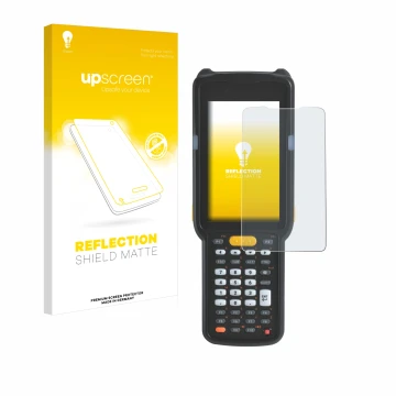 Parte frontal de un envase de producto con el logotipo de la marca upscreen. Al lado se muestra el dispositivo Zebra MC330 con