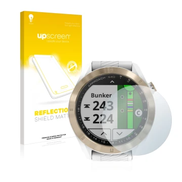 Parte frontal de un envase de producto con el logotipo de la marca upscreen. Al lado se muestra el dispositivo Garmin Approach