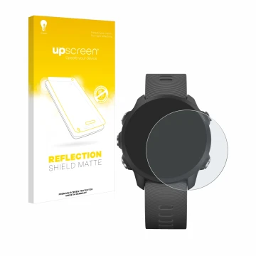 Parte frontal de un envase de producto con el logotipo de la marca upscreen. Al lado se muestra el dispositivo Garmin Forerunn