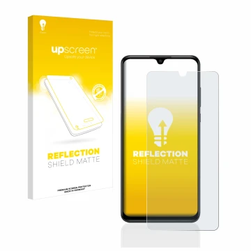 Parte frontal de un envase de producto con el logotipo de la marca upscreen. Al lado se muestra el dispositivo Huawei P30 lite