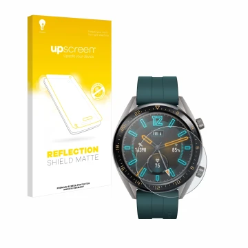 Parte frontal de un envase de producto con el logotipo de la marca upscreen. Al lado se muestra el dispositivo Huawei Watch GT