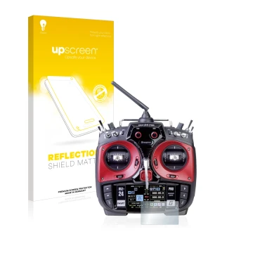 Parte frontal de un envase de producto con el logotipo de la marca upscreen. Al lado se muestra el dispositivo Graupner mz-24 