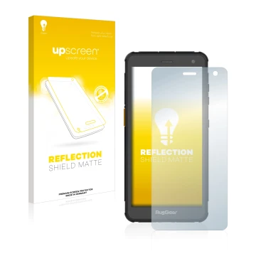Parte frontal de un envase de producto con el logotipo de la marca upscreen. Al lado se muestra el dispositivo RugGear RG655 c