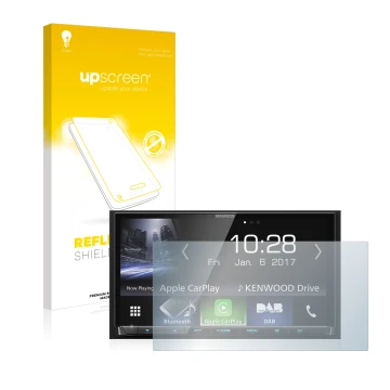 Parte frontal de un envase de producto con el logotipo de la marca upscreen. Al lado se muestra el dispositivo Kenwood DMX7017