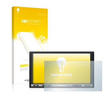 Parte frontal de un envase de producto con el logotipo de la marca upscreen. Al lado se muestra el dispositivo Sony XAV-AX3005