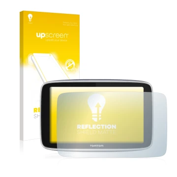 Parte frontal de un envase de producto con el logotipo de la marca upscreen. Al lado se muestra el dispositivo TomTom GO Premi