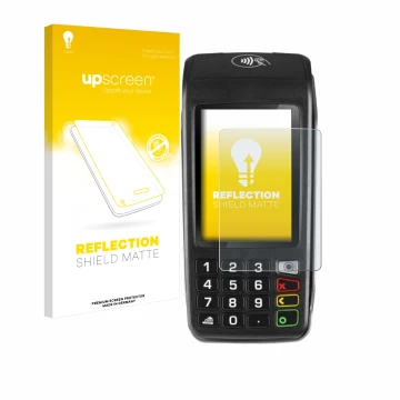 Parte frontal de un envase de producto con el logotipo de la marca upscreen. Al lado se muestra el dispositivo ingenico Move/5