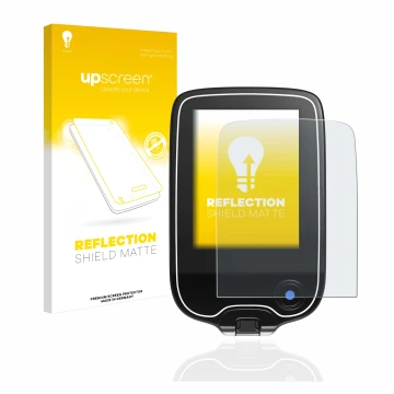 Parte frontal de un envase de producto con el logotipo de la marca upscreen. Al lado se muestra el dispositivo Freestyle Libre