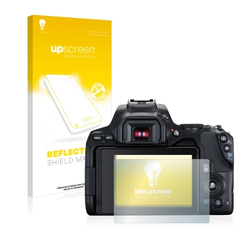 Parte frontal de un envase de producto con el logotipo de la marca upscreen. Al lado se muestra el dispositivo Canon EOS 250D 