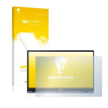 Parte frontal de un envase de producto con el logotipo de la marca upscreen. Al lado se muestra el dispositivo ASUS ZenBook Fl