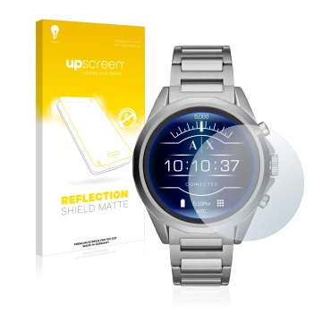 Parte frontal de un envase de producto con el logotipo de la marca upscreen. Al lado se muestra el dispositivo Emporio Armani 